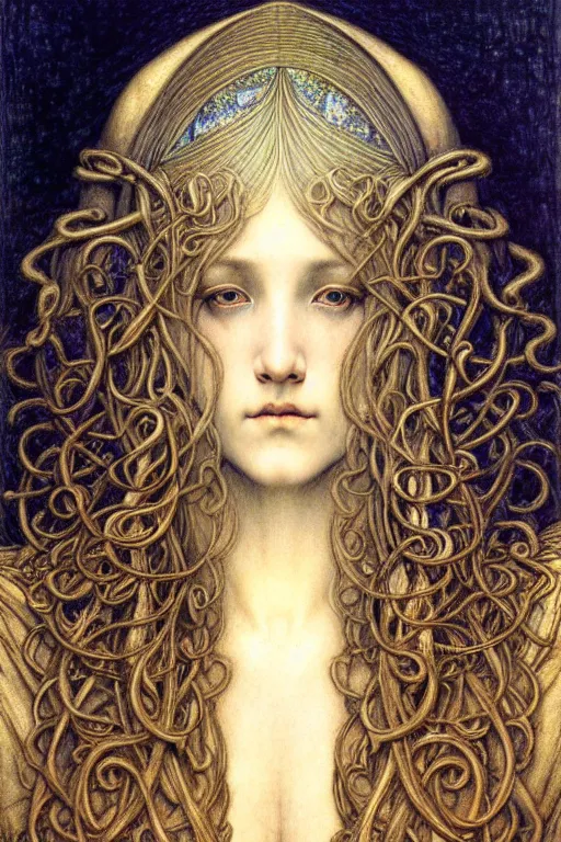 Image similar to detailed realistic beautiful young medieval queen face portrait by jean delville, gustave dore and marco mazzoni, art nouveau, symbolist, visionary, gothic, pre - raphaelite. horizontal symmetry