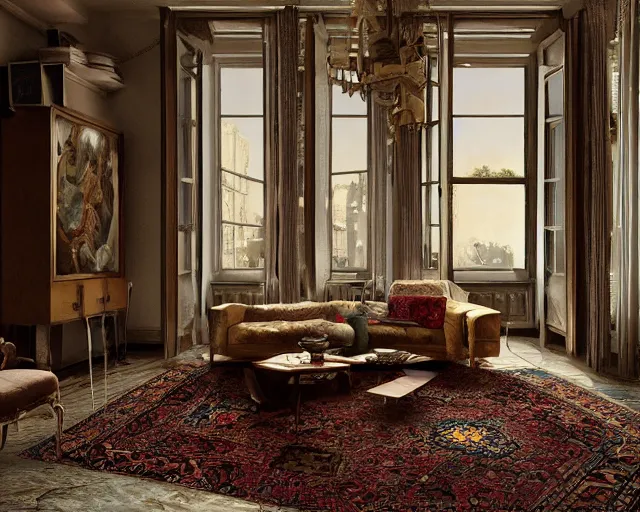 Prompt: a beautiful open space apartment with persian rugs and antique furniture designed by mark mills and nathaniel owings, interior design, architecture, key lighting, soft lights, by steve hanks, by edgar maxence, by caravaggio, by michael whelan, by delacroix, by serov valentin, by tarkovsky, 8 k render, detailed, oil on canvas