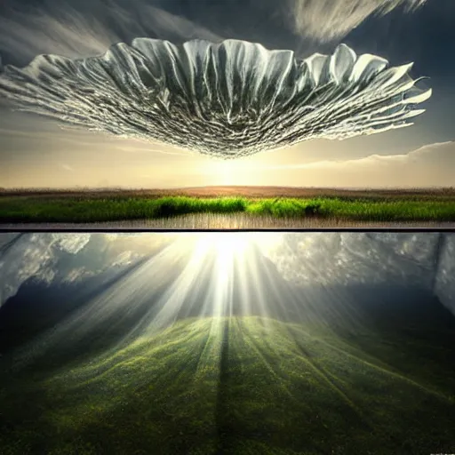 Image similar to Extremely detailed photo-realistic reflections of A Beautiful organic super structure emerging from crepuscular rays by erik johansson