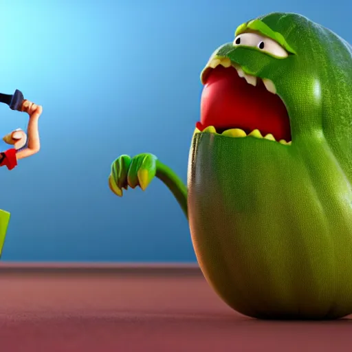 Image similar to detailed 3 d render of an angry zucchini character chasing a tomato figure with a knife in hand, hyper realistic octane render, dramatic scene, nightmare, surrealism, pixar, disney, cartoon