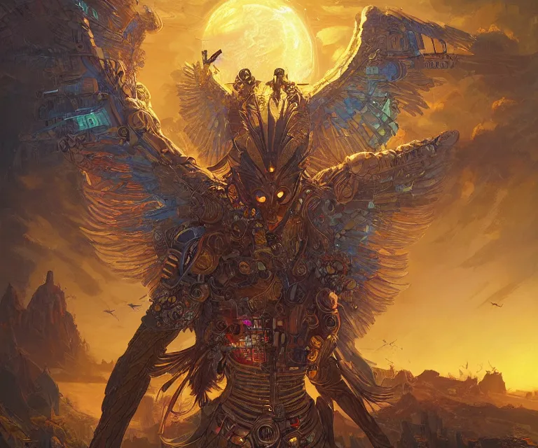 Prompt: a beautiful tarot card artwork of a cyberpunk seraphim in nature, backlit, highly detailed, golden hour, digital painting, by eddie mendoza and greg rutkowski and dan mumford and artgerm, vivid colors, masterpiece, detailed shading, 8 k resolution, intricate, smooth