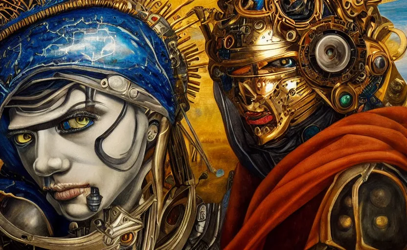 Prompt: beautifully painted mural of a mechanical cyborg king, piercing glowing eyes, sci fi scenery, fantasy setting, intricate, highly detailed, incredible lighting, mural in the style of sandro botticelli, caravaggio, albrecth durer