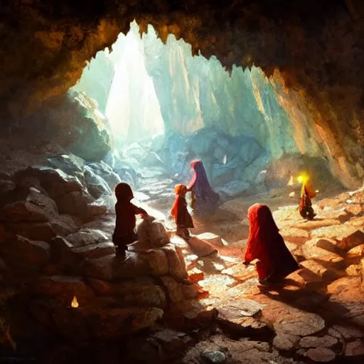 Image similar to medieval childs playing in a cave, there are colorful crystals on the ceiling and on the ground, by greg rutkowski, in the style of magic the gathering, 4k, very detailed