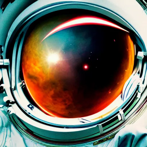 Image similar to astronaut in space floating in the eye of the universe, photo - realistic, hyper - realistic, cinematography, 8 k, hd, highly detailed, dreamy