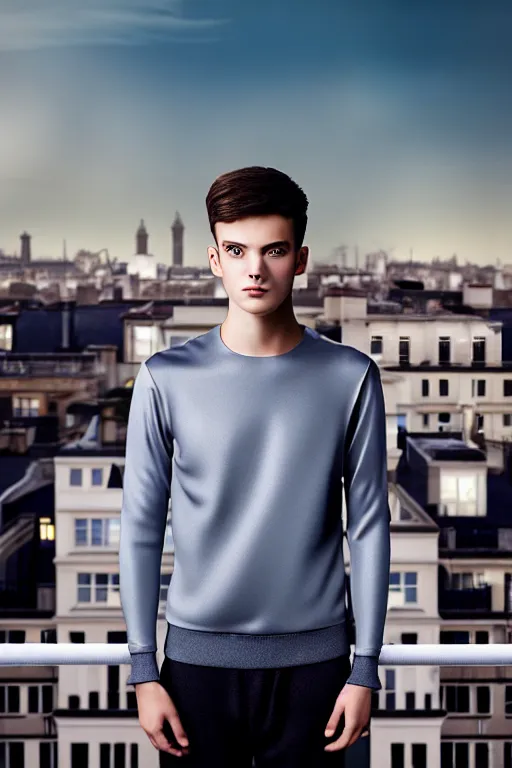 Image similar to un ultra high definition studio quality photographic art portrait of a young man standing on the rooftop of a british apartment building wearing soft padded silver pearlescent clothing. three point light. extremely detailed. golden ratio, ray tracing, volumetric light, shallow depth of field. set dressed.