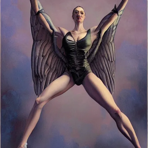 Prompt: portrait of a woman with long, muscular legs, short torso, and wings, by Gerald Brom