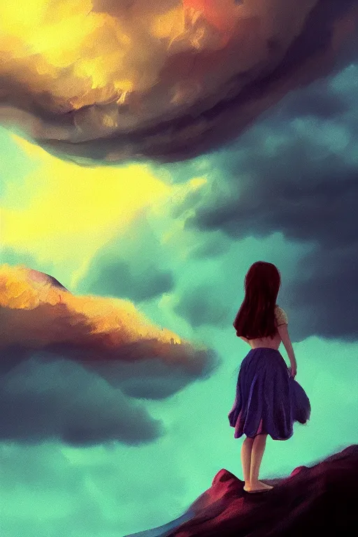 Image similar to closeup perspective, giant dahlia flower as head, girl standing on mountain, surreal photography, blue storm clouds, dramatic light, impressionist painting, digital painting, artstation, simon stalenhag