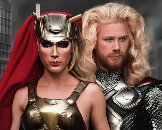 Image similar to thor as a drag queen, cinematic shot, 8k resolution, hyper detailed