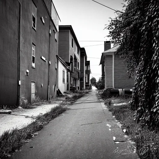 Prompt: liminal poor neighborhood, empty street, overgrown, photo taken from the street