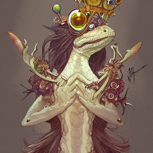 Prompt: A heraldic queen lizard with big cute eyes and a raised claw, flowers around, D&D, fantasy, intricate, cinematic lighting, highly detailed, digital painting, artstation, concept art, smooth, sharp focus, illustration, art by Akihiko Yoshida, Greg Rutkowski and Alphonse Mucha