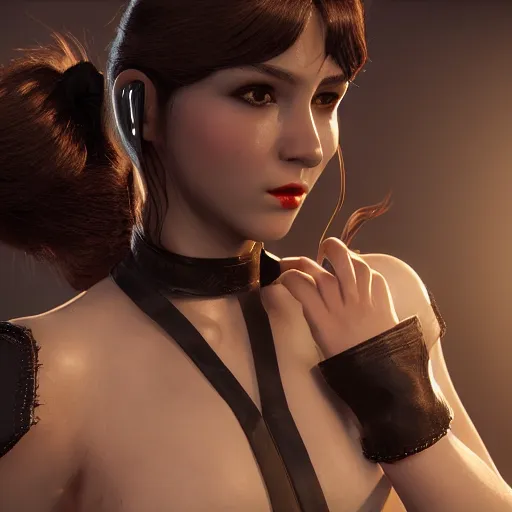 Prompt: a young girl with a pleasant face, black makeup, a long white braid, in a leather corset, ultra - quality, super - detailed work, play of light, ears shine through the light, unreal engine 5,