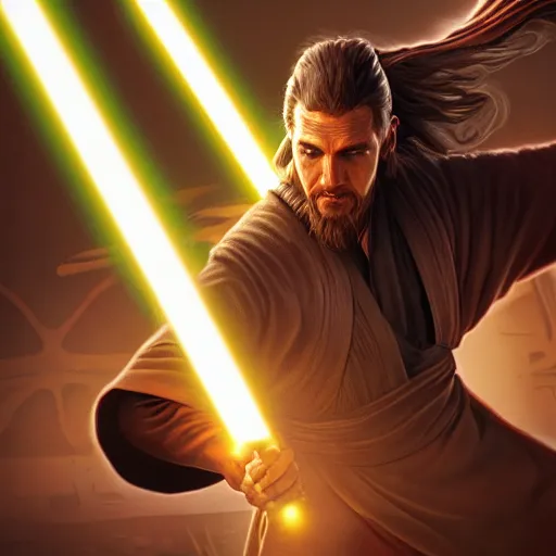 Image similar to professional physically based octane render comic illustration of anakin skywalker, fighting with qui-gon jinn, character concept art, epic composition, style of Star Wars, marvel, 8k comic art, intricately detailed linework