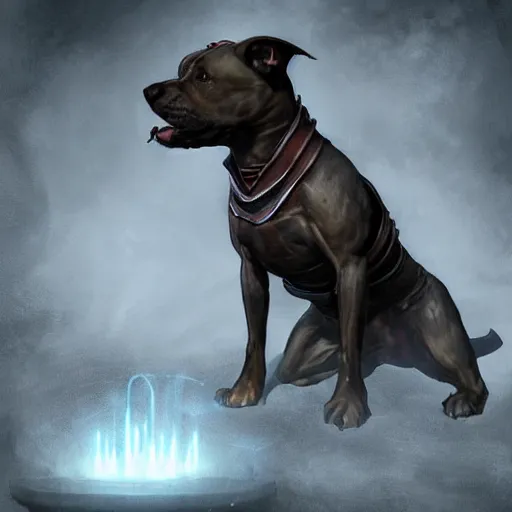 Prompt: Staffordshire bull terrier Dog, battle armour, Anthropomorphized, casting epic spell, magic the gathering artwork, D&D, fantasy, cinematic lighting, centered, symmetrical, highly detailed, digital painting, artstation, concept art, smooth, sharp focus, illustration, volumetric lighting, epic Composition, 8k, art by Akihiko Yoshida and Greg Rutkowski and Craig Mullins, heroic pose, oil painting, cgsociety, magic lab background