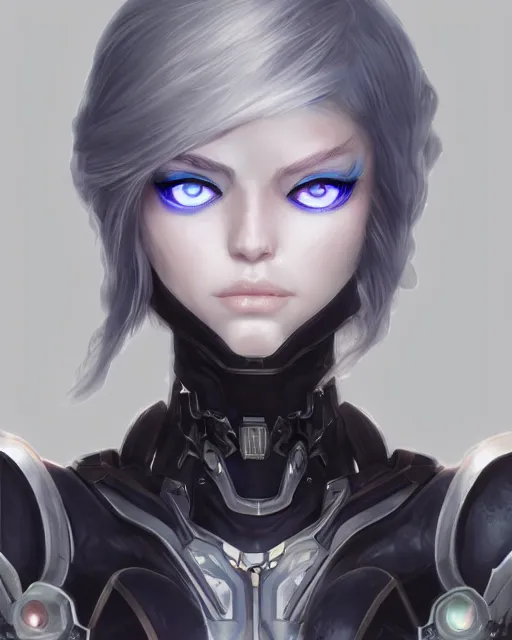 Image similar to holy cyborg necromancer girl, elegant, perfect face, scifi, futuristic, utopia, garden, illustration, atmosphere, warframe, blue eyes, white hair, focused, artstation, nier automata, highly detailed, art by yuhong ding and chengwei pan and serafleur and ina wong