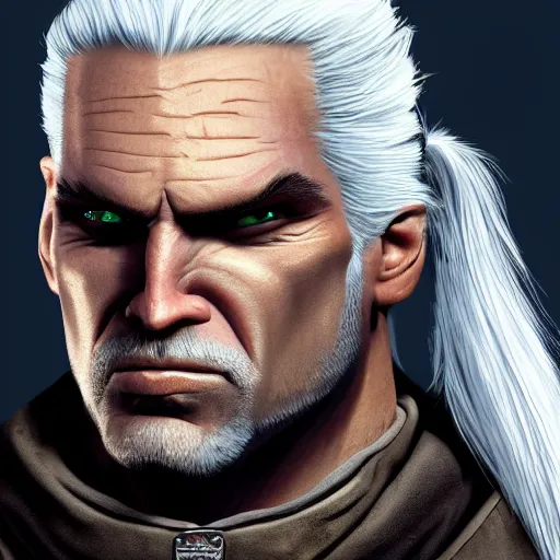 Image similar to caricature portrait of grumpy herp derp geralt of rivia, 4k resolution, highly detailed