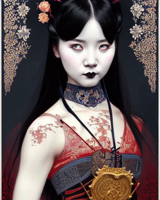 Image similar to portrait of a gothic girl, machine face, upper body, decorated with chinese opera motifs, traditional chinese art, intricate, elegant, highly detailed, digital painting, artstation, concept art, smooth, sharp focus, illustration, art by artgerm and greg rutkowski and alphonse mucha, 8 k