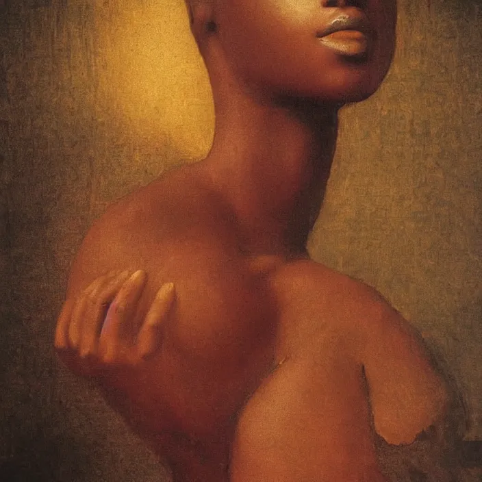 Image similar to a painting of a beautiful African woman by Leonardo da Vinci . dramatic angle, ethereal lights, details, smooth, sharp focus, illustration, realistic, cinematic, artstation, award winning, rgb , unreal engine, octane render, cinematic light, macro, depth of field, blur, red light and clouds from the back, highly detailed epic cinematic concept art CG render made in Maya, Blender and Photoshop, octane render, excellent composition, dynamic dramatic cinematic lighting, aesthetic, very inspirational, arthouse.