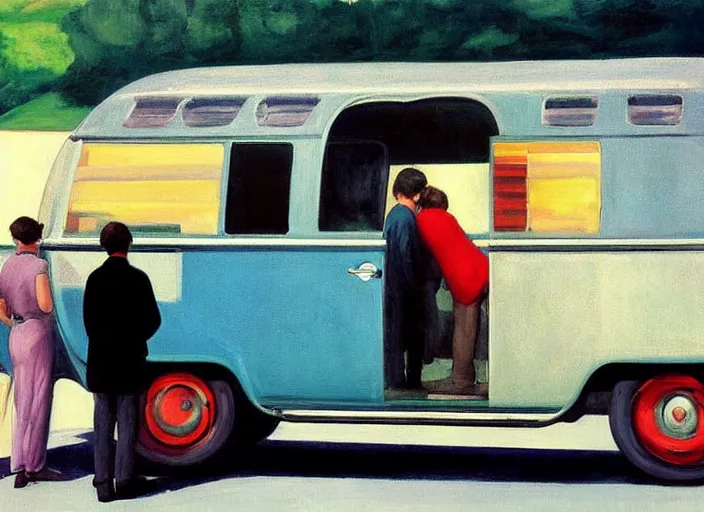 Image similar to painting, two young men and women near vw bus, by edward hopper, bernardo bertolucci dreamers movie scene