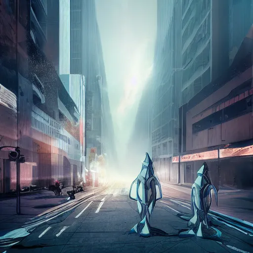 Image similar to apocalyptic, dolphin aliens walking on the future streets. smoke. volumetric lighting, sharp focus, ultra detailed, cgsociety - w 1 0 2 4 - n 8 - i