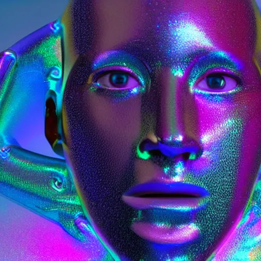 Image similar to 3d render of holographic human robotic head made of glossy iridescent, surrealistic 3d illustration of a human face non-binary, non binary model, 3d model human, cryengine, made of holographic texture, holographic material, holographic rainbow, concept of cyborg and artificial intelligence