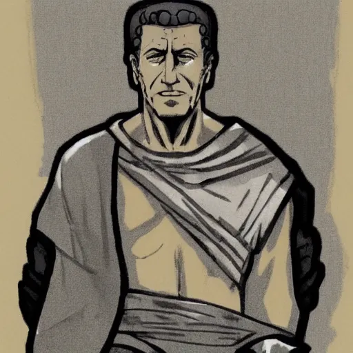 Image similar to roman emperor Julius Caesar at the senate, relaxed, anime portrait by Satoshi Kon and Yoji Shinkawa