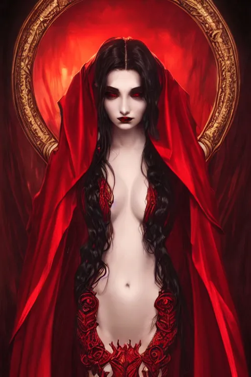 Image similar to Beautiful vampire female princess, black and red silk clothing, black demonic eyes, Full body shot, D&D, fantasy, intricate, elegant, highly detailed, digital painting, artstation, concept art, matte, sharp focus, illustration, hearthstone, art by Artgerm and Greg Rutkowski and Alphonse Mucha