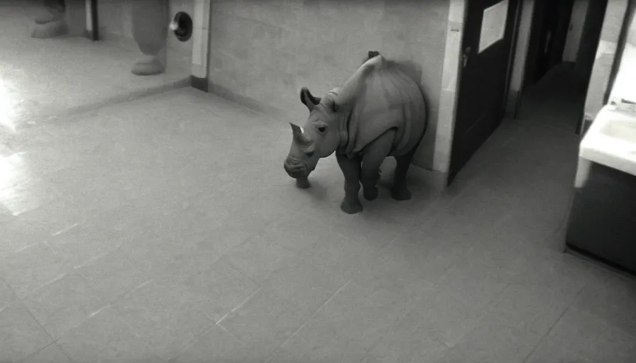 Image similar to a rhinoceros in a public bathroom with yellow tiles floor, mini dv camera found footage, very very low quality picture, heavy grain, heavy jpeg artifact blurry, caught on trail cam