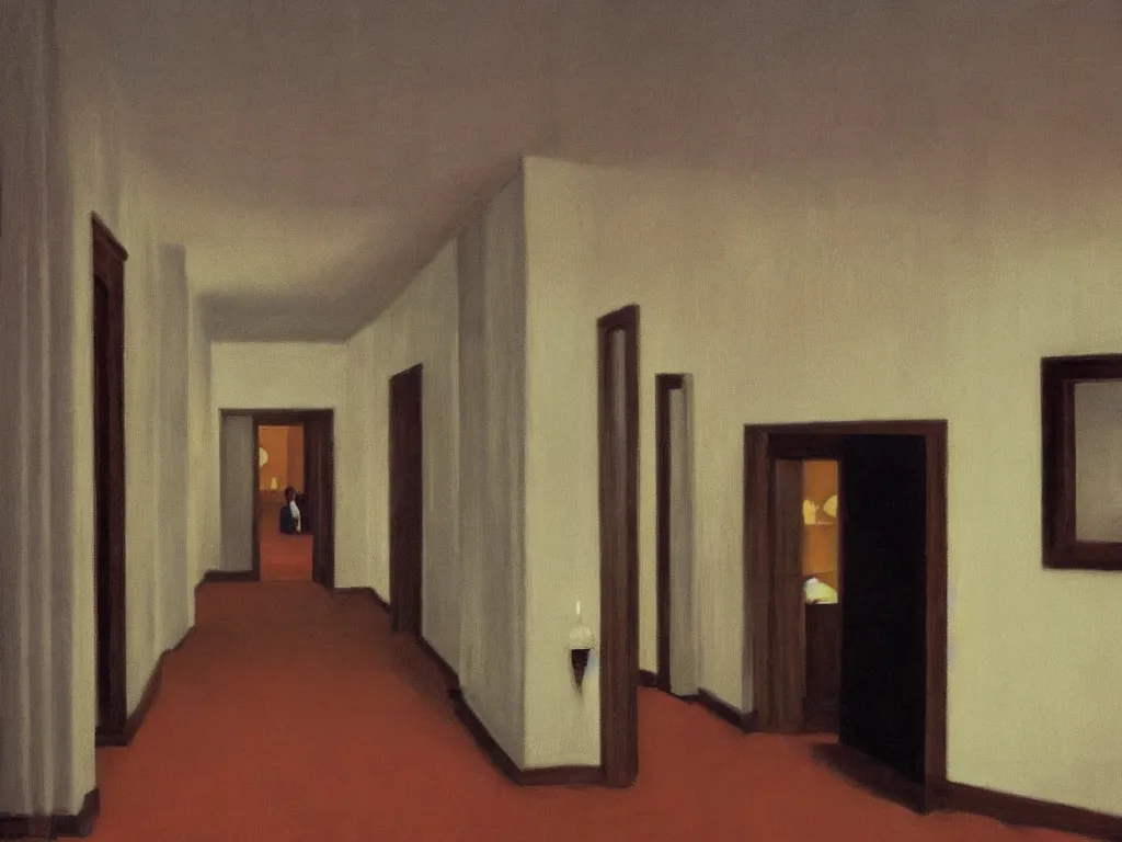 Image similar to the shinning hotel hallway, 70s, americana, dim, dark, lone scary silhouette in the distance, ultra view angle view, realistic detailed painting by edward hopper
