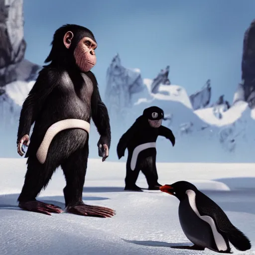 Image similar to planet of the apes but the apes are replaced with robot penguins 4k realistic intricate