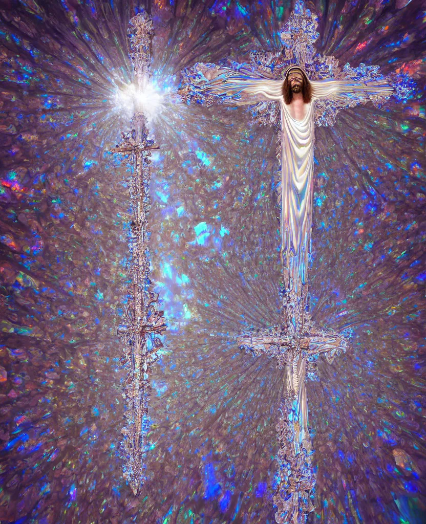 Image similar to a crystalline 3 d mandelbulb fractal in the shape of jesus christ on the cross, bioluminescent opal, fractal, magnificent lighting, ethereal, ray tracing, octane