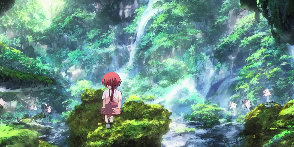 Prompt: anime girl looking into large cave entrance in a lush forest with waterfalls, beautiful ambiance, studio ghibli style, by hayao miyazaki, sharp focus, highly detailed, 4k