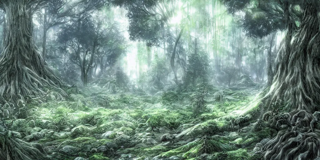 Prompt: a beautiful spiritual forest panorama concept art, by masanori warugai and kentaro miura, atmospheric light