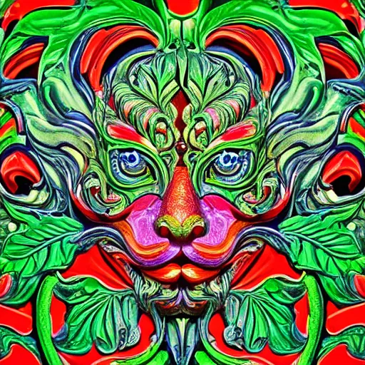 Image similar to beautiful colourful highly detailed incredibly ornate decorative green man as a cat face 3 d sculplture by walter crane and william morris, closeup, twisting leaves, tiny fine flowing lines, abstract psychedelic, 8 k, artstation