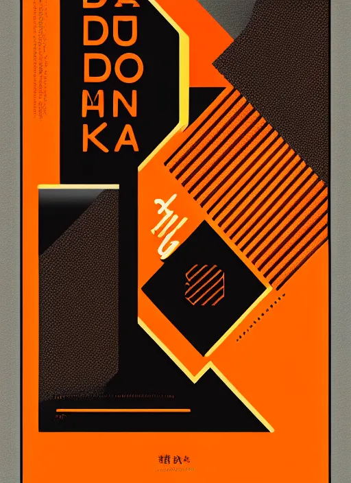 Image similar to poster design with duochrome contemporary typographic Japanese katakana, black and orange colour palette, layout design, illustrator vector graphics