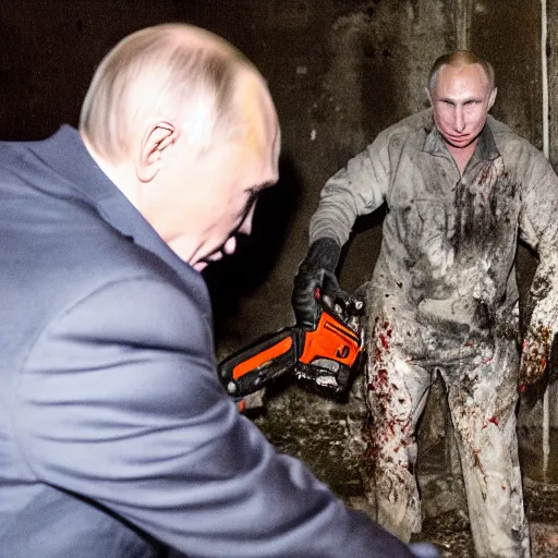 Image similar to putin with a chainsaw and a corpse. in a concrete bunker. focus on putins face with blood splatters. canon eos r 3, f / 1. 4, iso 1 6 0 0, 1 / 8 0 s, 8 k, raw, grainy