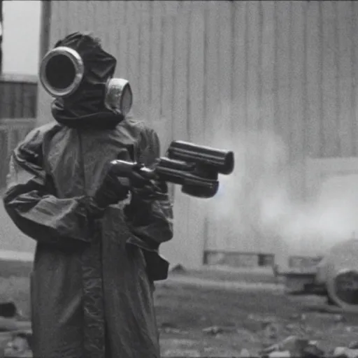 Image similar to a man wearing a hazmat suit and gasmask holding a revolver, film still, cinematic, enhanced