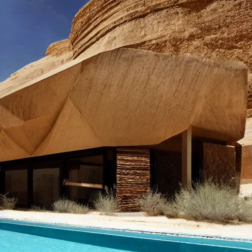 Image similar to natural modern hotel in the desert, high detaild, realistic, golden ratio