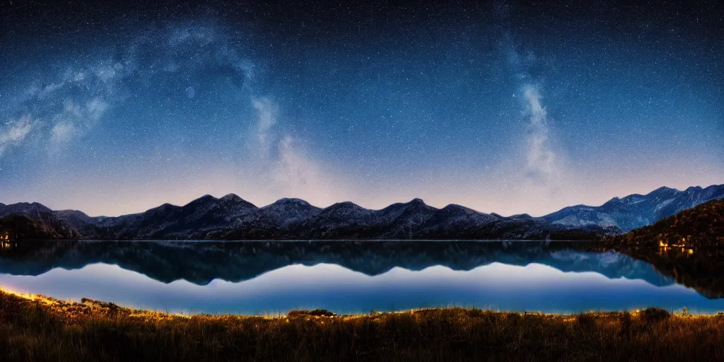 Image similar to photo of a lake at night with bright stars with mountains in the background, landscape, beautiful, elegant, award winning photograph, highly detailed, high resolution photo, cinematic lighting, trending on artstation, 8 k