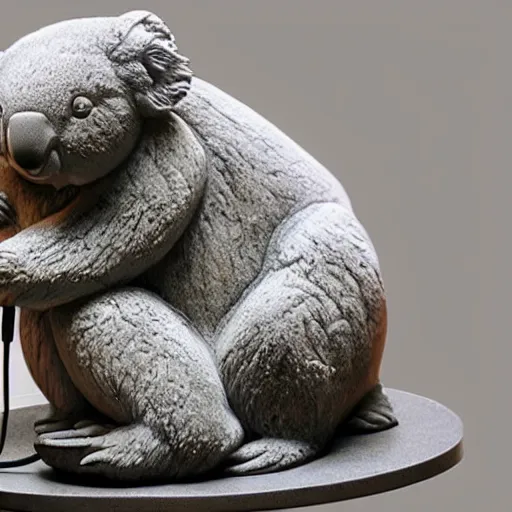 Prompt: a marble statue of a koala dj in front of a marble statue of a turntable. the koala has wearing large marble headphones. - n 9