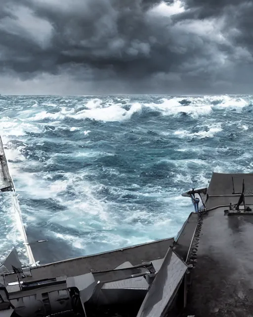 Prompt: view from an aircraft carrier of stormy seas, stormy weather, unreal engine, hyper realism, realistic shading, cinematic composition, realistic render, octane render, detailed textures, photorealistic, ultrawide shot, 16mm lens