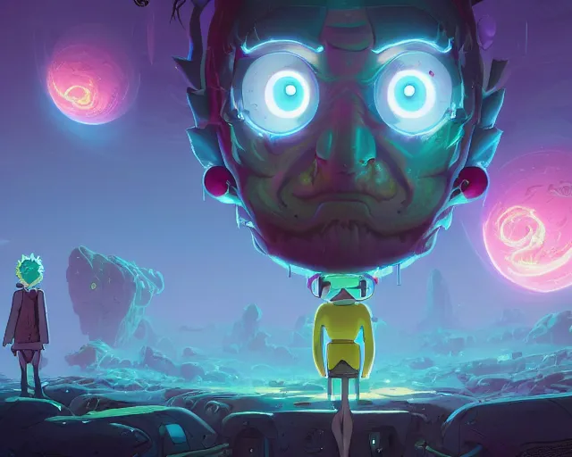 Image similar to fantasy portrait of cartoon rick & morty, intricate abstract. intricate artwork, by greg rutkowski, wlop, beeple, dan mumford. concept art, octane render, trending on artstation, greg rutkowski very coherent symmetrical artwork. cinematic, key art, hyper realism, high detail, octane render, 8 k, iridescent accents