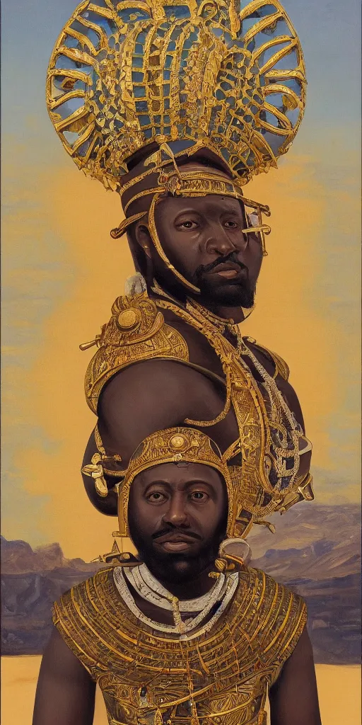 Image similar to a stunning and noble highly detailed romantic period style portrait of Mansa Musa by Josep Tapiró Baró, trending on artstation, oil painting masterpiece, symmetry, African iconography