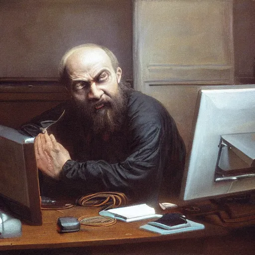 Image similar to an angry man yells at his computer monitor, oil on canvas, 1 8 8 3, highly detailed