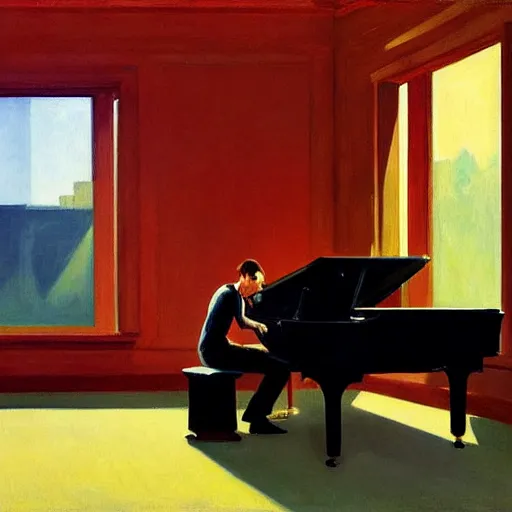 Image similar to painting of a man sitting at a grand piano, but not playing. he's looking into the void. by edward hopper and james gilleard