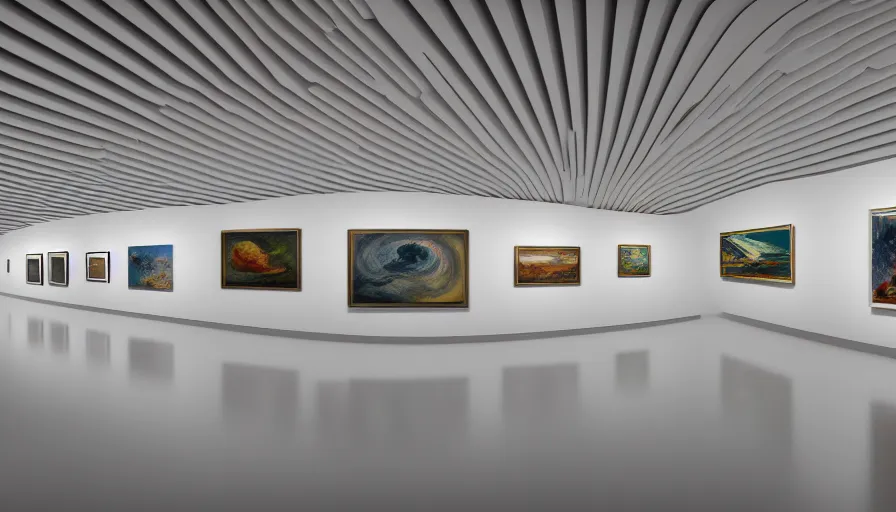 Image similar to interior futuristic art gallery wide angle highly detailed by santiago calatrava, three wall hanging paintings famous pieces by gogh!, captivating 8 k hdr, octane render godrays hyperrealism