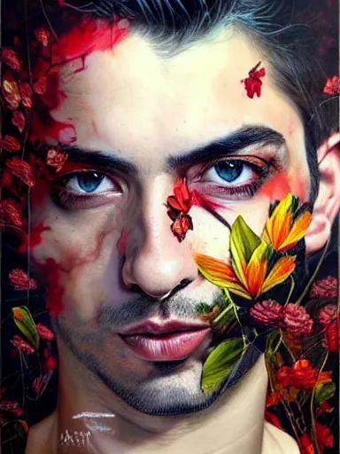 Image similar to portrait of a man, with a floral background painted by artgerm, karol bak, artur bordalo, sandra chevrier : : portrait, character, illustration, hyperrealism