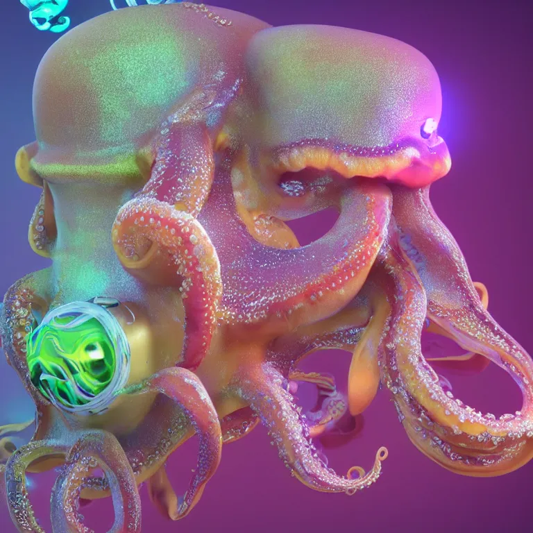 Image similar to octane render portrait by wayne barlow and carlo crivelli and glenn fabry, a shiny glowing colorful deep ocean mariana trench fish squid octopus jellyfish creature made out inflated clear iridescent plastic and bioluminescence, cinema 4 d, ray traced lighting, very short depth of field, bokeh