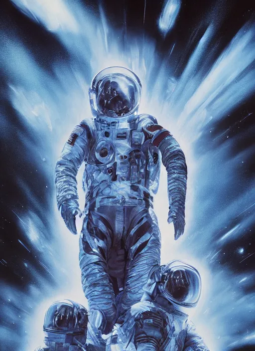 Image similar to astronauts in dark and empty void blue fire poster - complex and hyperdetailed technical suit. reflection and dispersion materials. rays and dispersion of light. volumetric light. 5 0 mm, f / 3 2. noise film photo. flash photography. ultra realistic, wide angle. poster by wayne barlowe, hajime sorayama aaron horkey, craig mullins