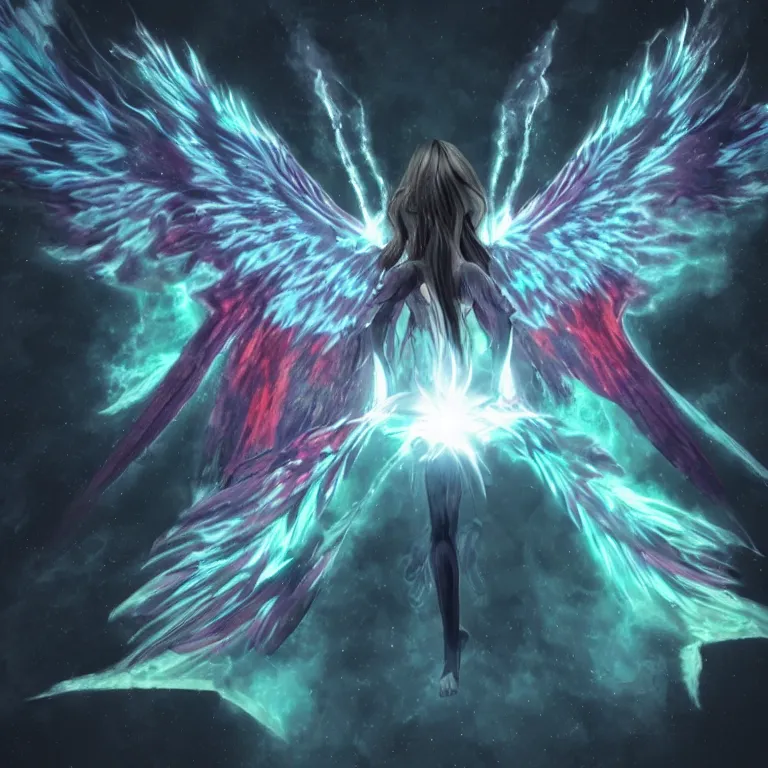 Image similar to a demon with huge nacreous fire wings