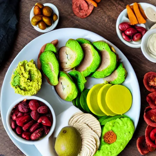 Prompt: a avocado hummus plate with snacks, food photography
